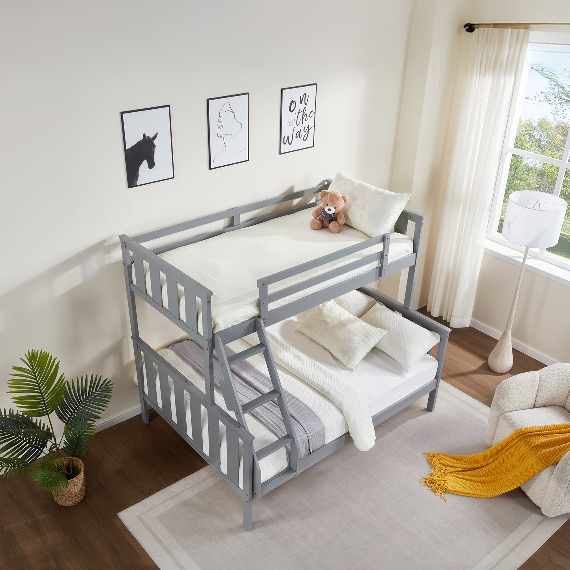 Twin over Full Bunk Bed with Flexible Ladder,Kids Solid Wood Bed Frame,Strong Wooden Slats, Non-Toxic Finishes, No Box Spring Needed,Gray Twin over Full Bunk Bed with Flexible Ladder,Kids Solid Wood Bed Frame,Strong Wooden Slats, Non-Toxic Finishes, No Box Spring Needed,Gray